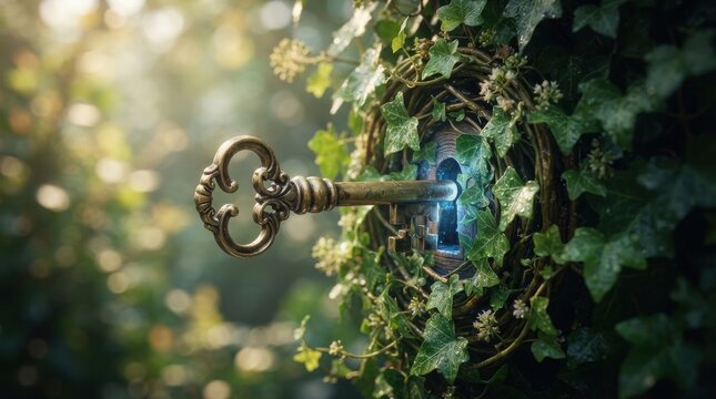 Vintage ornate key in a keyhole covered with ivy