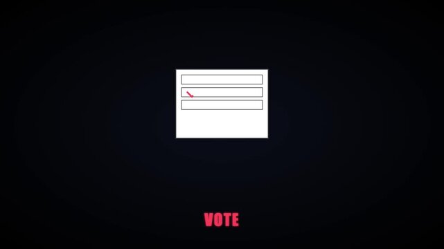 Digital voting ballot interface animation with checkmark selection and vote text on dark 4k background