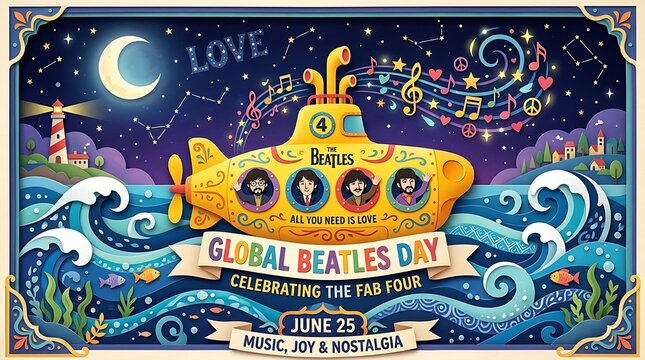 Yellow submarine illustration for Global Beatles Day celebration with music notes and ocean waves at night