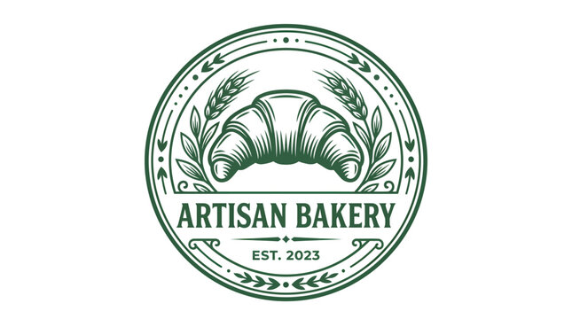 Artisan bakery logo design featuring a hand drawn croissant with wheat stalks in a vintage circular emblem style.