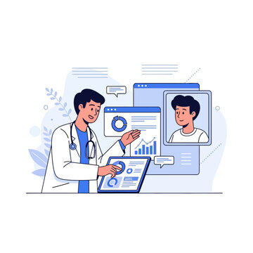 Doctor Consults Patient Virtually Analyzing Health Data On Digital Screens