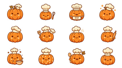 Fototapeta premium Cute pumpkin chef and baker character set.
