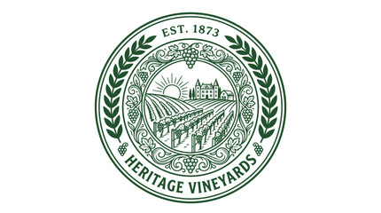 Obraz premium Heritage Vineyards circular vintage logo emblem with vineyard landscape.