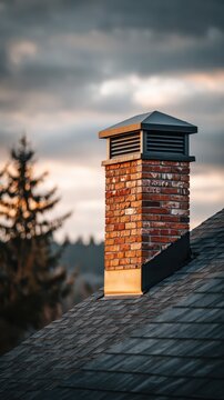 Close up of a brick chimney on a dark shingled roof under a cloudy sky. Ideal for home.