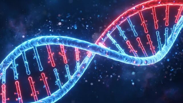 Rotating double helix DNA strands with red and blue illumination against a dark cosmic background