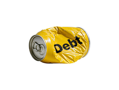 Crushed yellow drink can with debt word isolated on transparent or white background, png
