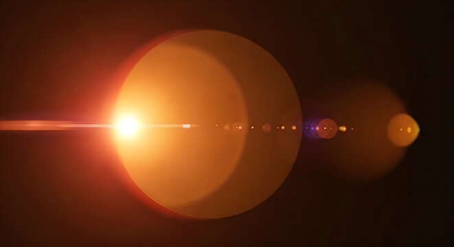 Solar system planet orbit illustration with sun and Earth. Cosmic celestial bodies in deep space with gravitational pull and light rays.