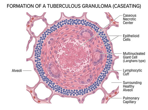 Tuberculous granuloma formation with caseating necrosis diagram isolated on white background
