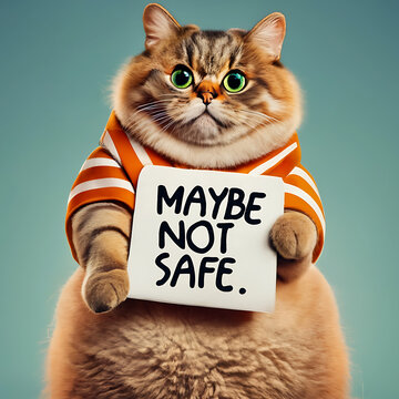 Fluffy cat wearing an orange shirt holding a maybe not safe sign isolated on a transparent background