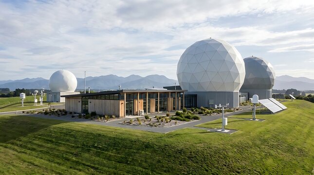 Advanced satellite ground station facility with prominent radome domes and a modern control building, crucial for global communication and data infrastructure