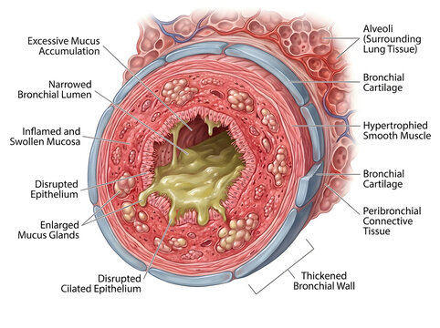 Cross-section of inflamed bronchus with mucus buildup isolated on white background