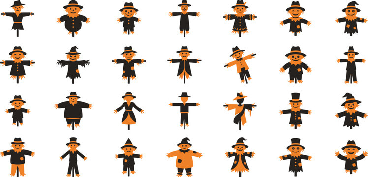 A collection of various scarecrow characters arranged in a grid pattern isolated on a white background