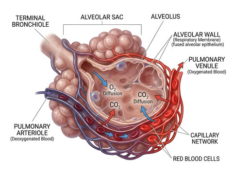 Human lung alveolus showing oxygen and carbon dioxide diffusion isolated on white background