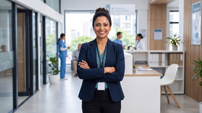 Clinic receptionist typing on computer at front desk, medical scheduling and patient support in modern healthcare office