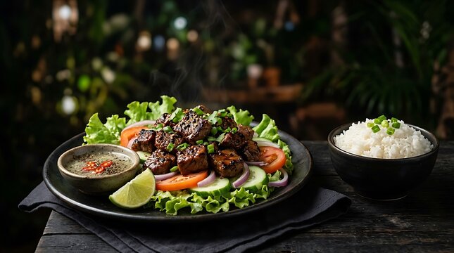 Cambodian beef lok lak salad served on rustic wooden table. Traditional Asian stir-fried meat with fresh vegetables and lime garnish.