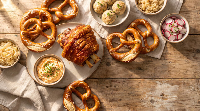 Top view of traditional Bavarian food feast on rustic wooden table