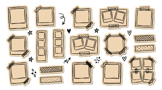 Hand drawn photo frame stickers and decorative tape elements for scrapbooking and journaling with Polaroid and instant photo styles.