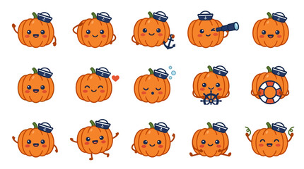 Fototapeta premium Sailor pumpkin characters with hats and anchors.