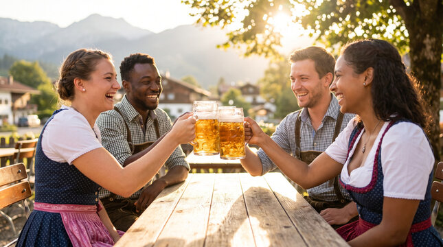 Diverse friends toasting beer mugs at outdoor Bavarian beer garden