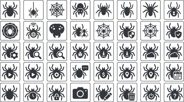 Comprehensive spider icon sat collection featuring various arachnid designs presented in a distinct black and white silhouette