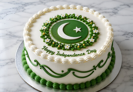 AI Generated Pakistan Independence Day Cake with Crescent and Star