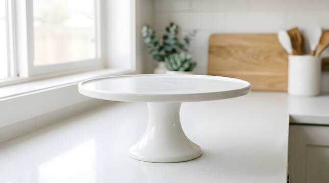 Empty white ceramic cake stand placed on a clean kitchen counter in a bright modern home