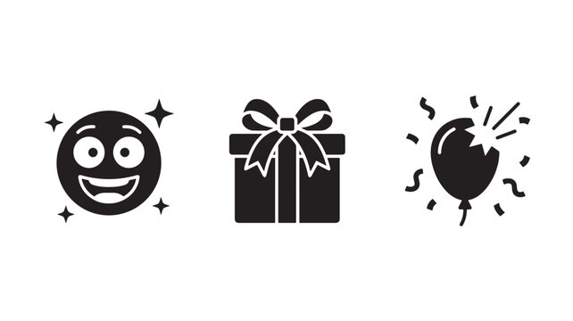 Excited face gift box and popped balloon icon set