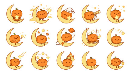 Naklejka premium Whimsical pumpkin characters on yellow crescent moons.