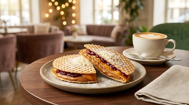Colombian obleas with caramel and jam. Traditional wafer dessert served in a cozy cafe.