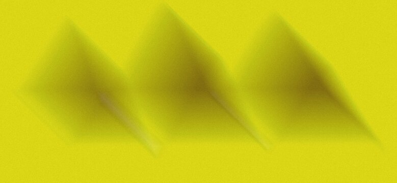 Bright yellow wallpaper with three pyramid geometric shapes and soft shadow gradient modern abstract background design.