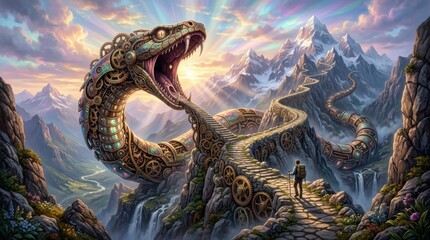 Naklejka premium Steampunk snake creature and explorer on stone mountain path