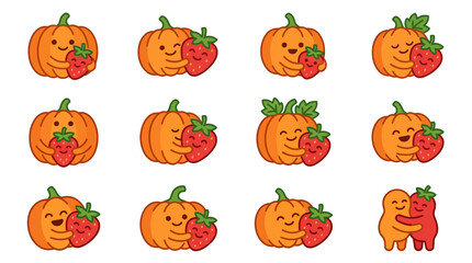 Naklejka premium Adorable pumpkin and strawberry fruit sticker set