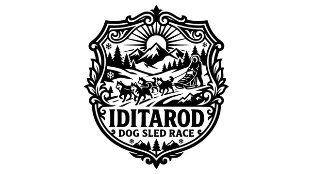 Vintage Iditarod dog sled race emblem with mountains.