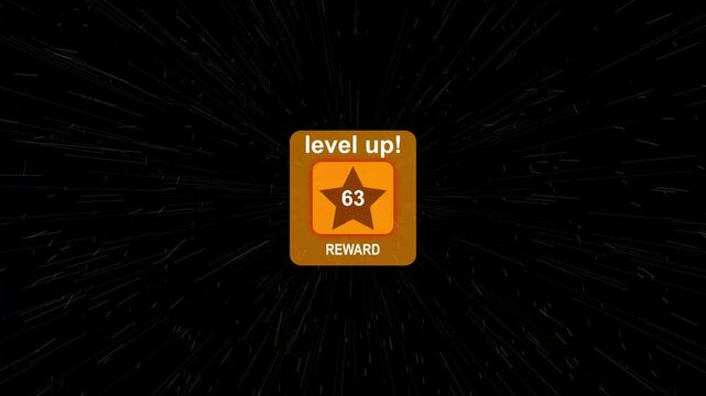 Level 63 Up Reward Achievement Notification Animation with Golden Star Badge, Game Progress UI, Success Pop Up, Mobile Gaming Interface, 4K Quality Video, Level Up Screen with, Level Up animation