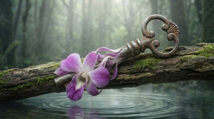 Obraz premium Vintage key with purple orchid on mossy log over water