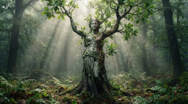 Stone sculpture of a dryad integrated into a forest tree