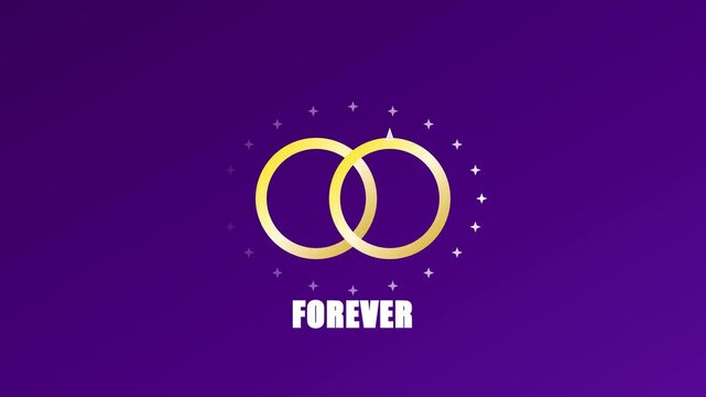 Golden wedding rings animation with forever text on purple 4k background, for romantic marriage, and anniversary celebration projects
