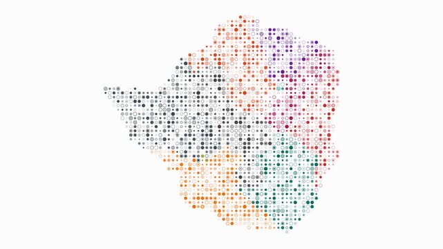 Zimbabwe animation. Shape of the country with pulsating colored dots. Small size circle blocks. Digital style map on white background. Artistic video.
