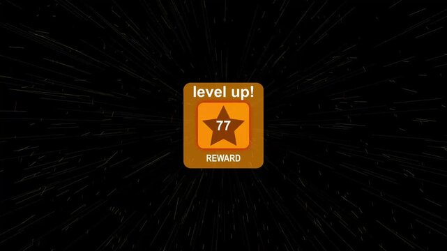 Level 77 Up Reward Achievement Notification Animation with Golden Star Badge, Game Progress UI, Success Pop Up, Mobile Gaming Interface, 4K Quality Video, Level Up Screen with, Level Up animation