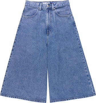 Front view of stylish wide leg blue denim culottes isolated on a white transparent background
