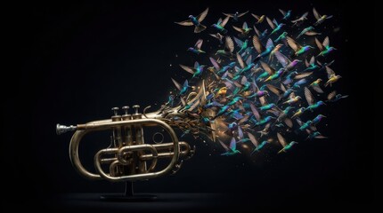 Obraz premium Cornet with a swarm of colorful hummingbirds