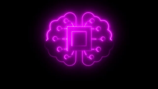 Glowing neon ai-brain icon isolated on black background. concept of artificial intelligence and data processing 4k motion . Brain scan captures neurology insights with wave of impulse, reflecting .