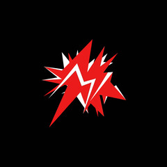 Fototapeta premium Red abstract explosion graphic with white lightning bolt symbol on black background, dynamic energy burst
