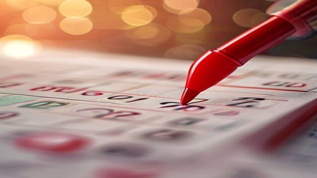 Close up of red pen marking document paper with bokeh lights background for business planning and audit review