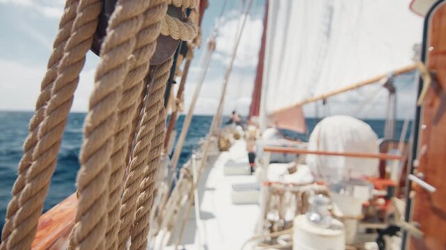 Old captain controls the crew working with the sails on the big expeditional sailing vessel moving in the Atlantic Ocean
