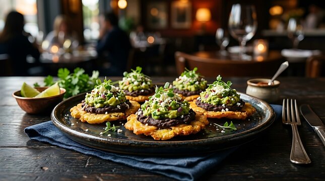 Patacones with guacamole and black beans. Fried plantain appetizers on a rustic plate.