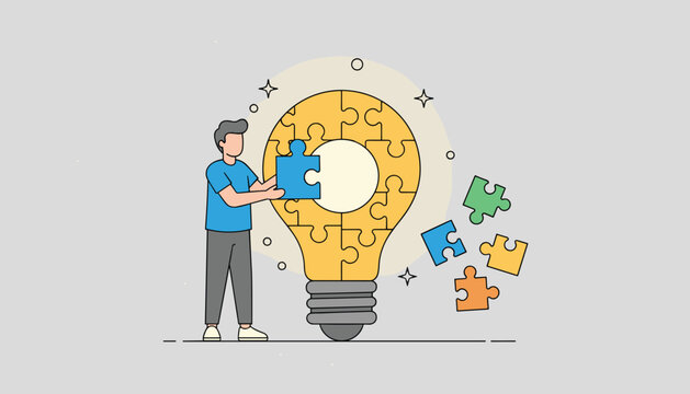 Creative man inserts the final puzzle piece into a glowing lightbulb representing problem solving and innovation.