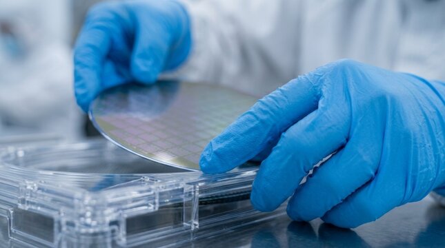 Gloved hands safely lowering a pristine circular silicon wafer into a slotted plastic storage cassette within a manufacturing environment.
