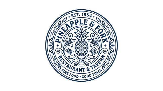 Vintage style restaurant logo emblem featuring a pineapple and crossed forks.
