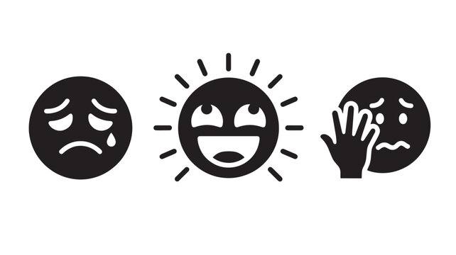 Crying radiant and hesitant face icon set